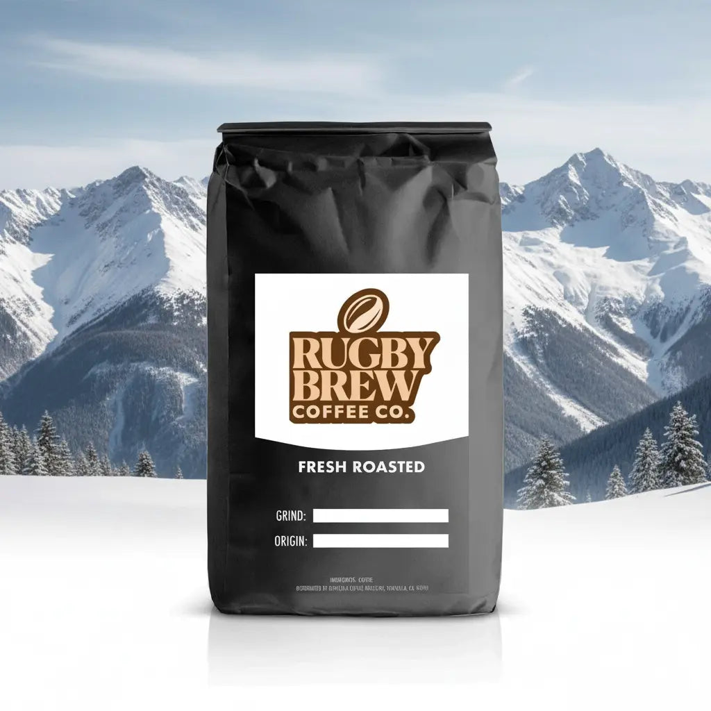 A black bag of Rugby Brew Coffee Co. Fresh Roasted coffee stands in front of a snowy mountain landscape.