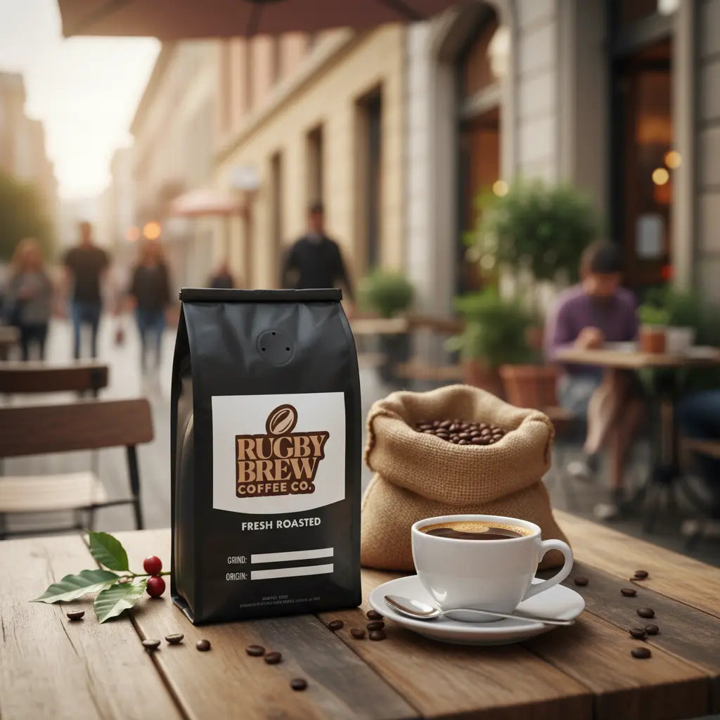 A black bag of Rugby Brew Coffee Co. fresh roasted coffee stands on a wooden table in a cafe setting, next to a white cup of coffee, a small burlap sack of coffee beans, and scattered coffee beans.
