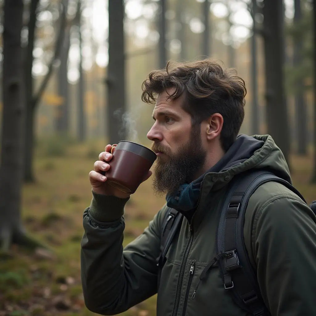A bearded man wearing an olive green hooded jacket and a black backpack is shown in a forest, holding a dark brown ceramic mug to his lips.