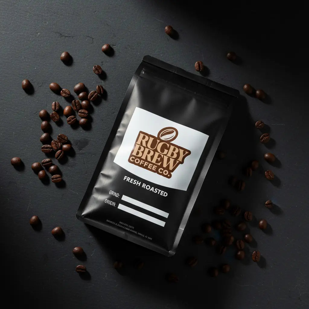 A black stand-up pouch of Rugby Brew Coffee Co. Fresh Roasted coffee, styled diagonally on a dark textured surface and surrounded by scattered roasted coffee beans.