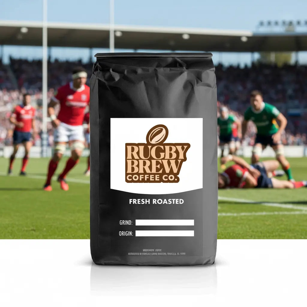 A black bag of Rugby Brew Coffee Co. Fresh Roasted coffee stands in the foreground on a white surface, with a blurred rugby match scene in the background.