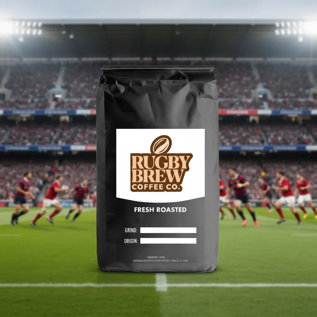 A black bag of Rugby Brew Coffee Co. Fresh Roasted coffee stands centered in front of a blurred rugby stadium scene with players on the field.