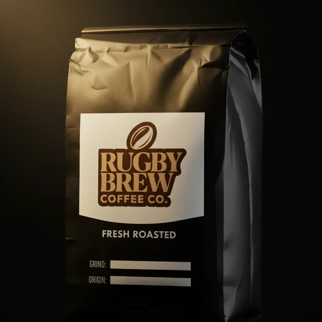 A stand-up bag of Rugby Brew Coffee Co. Fresh Roasted coffee in a metallic dark brown pouch with a white label, photographed against a dark background.