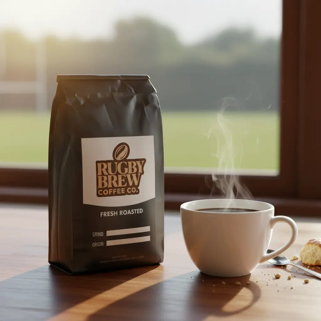 A bag of Rugby Brew Coffee Co. fresh roasted coffee stands on a wooden table next to a white cup of steaming coffee, with a blurred outdoor background visible through a window.