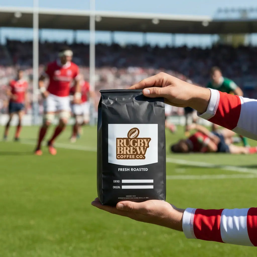A person in a red and white rugby jersey holds a black bag of Rugby Brew Coffee Co. in front of a blurred rugby field background with players.